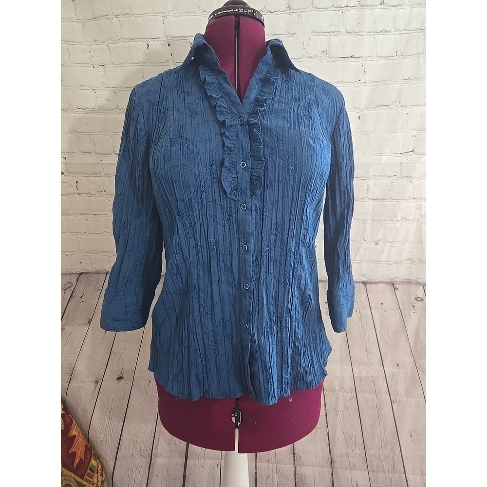 Blue Ruffle Crinkle Blouse Sz Lg Lace Coquette Fairy Romantic Cottagecore